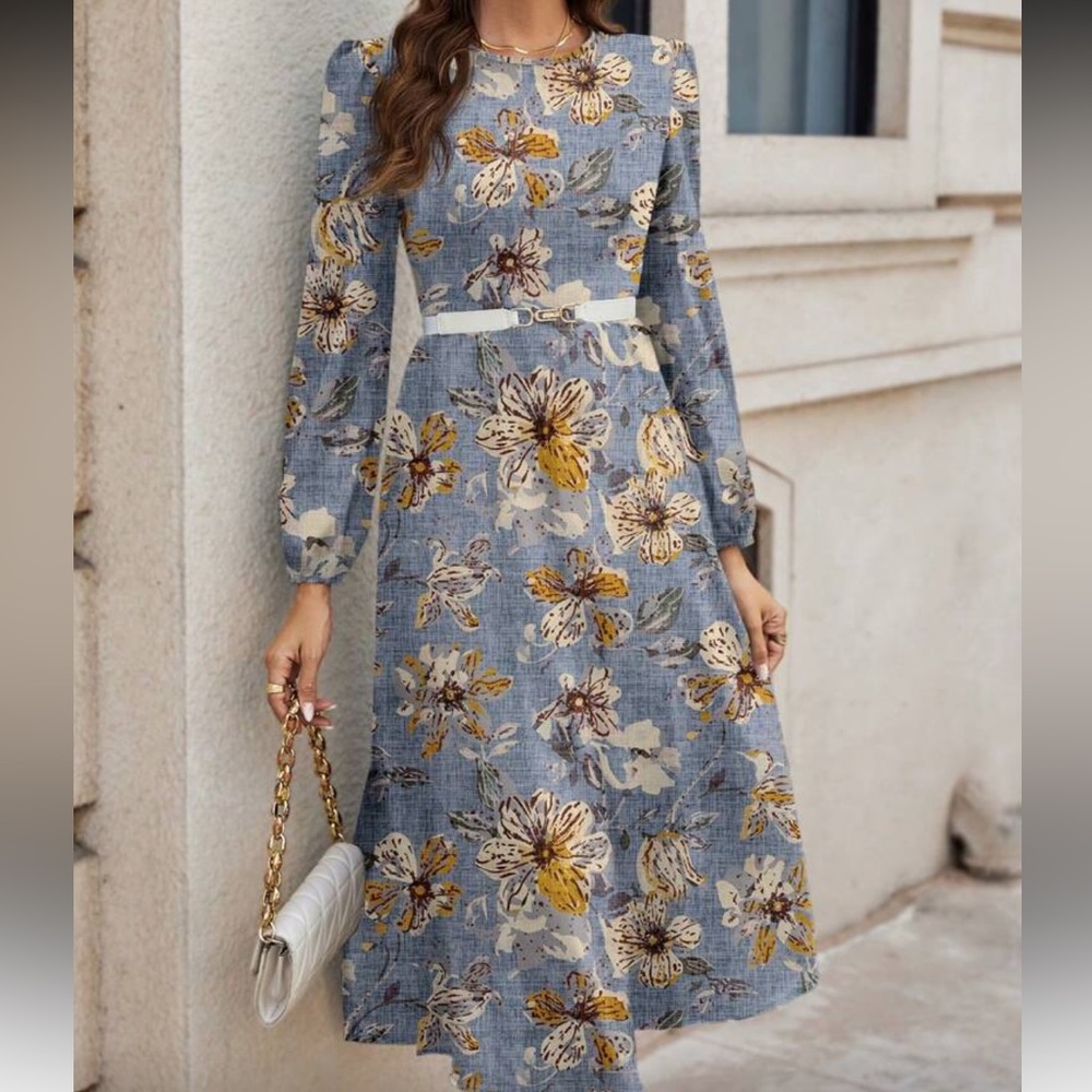 Floral Long Sleeve Dress - Blue and Yellow